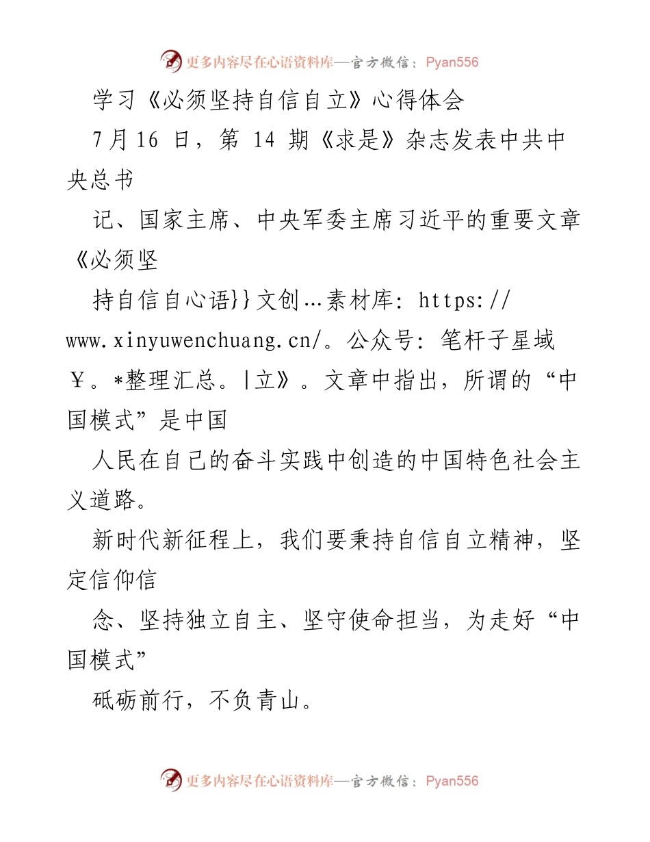 [发言] 学习交流 - 坚持自信自立，砥砺前行：中国式现代化的精神支柱.docx_第1页