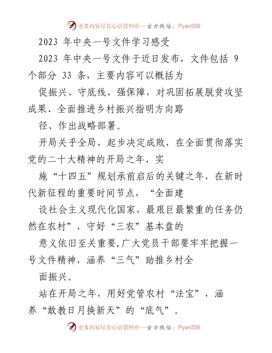 [发言] 学习交流 - 2023年中央一号文件学习与乡村振兴的思考.docx_第1页