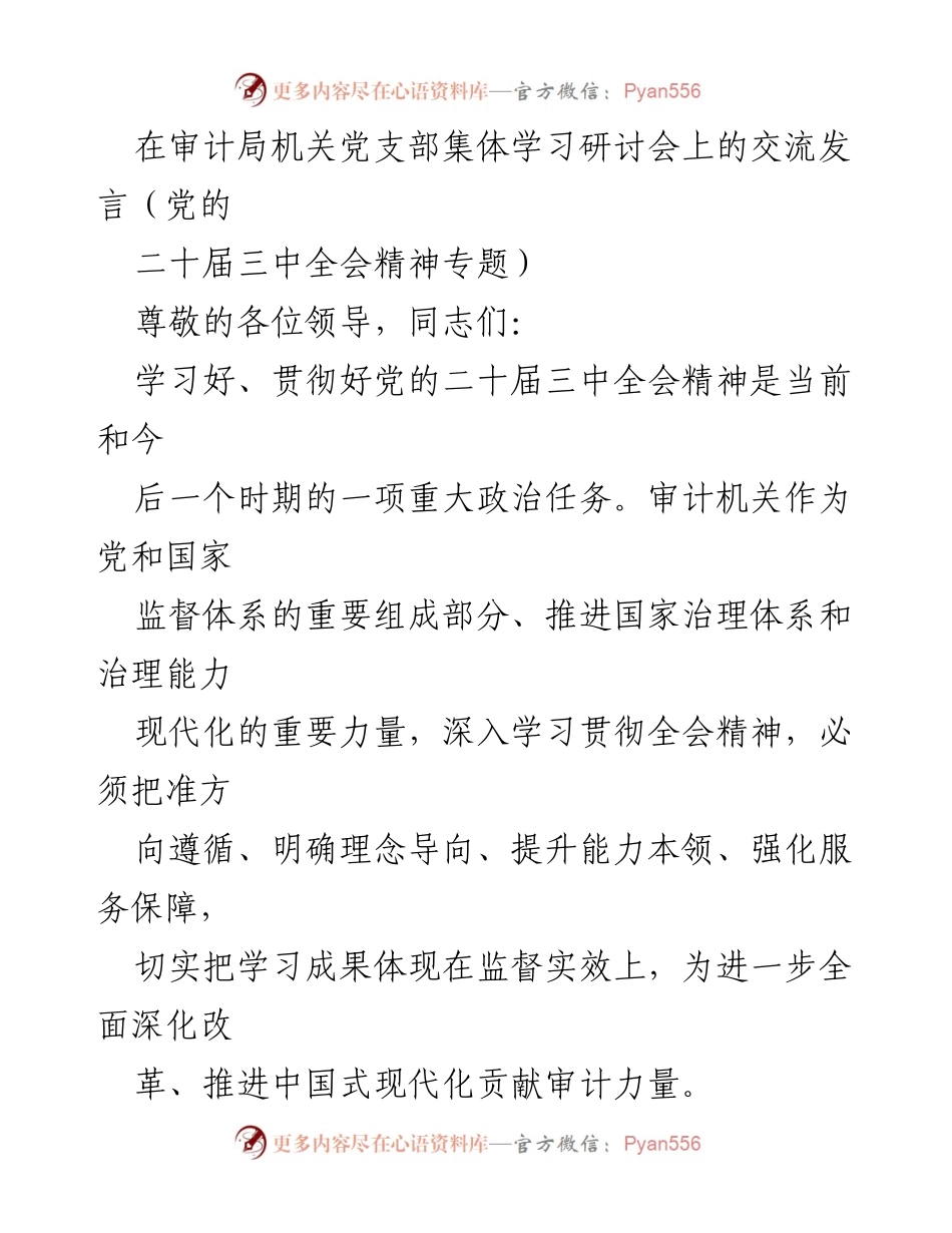 [发言] 学习研讨会 - 深入学习贯彻党的二十届三中全会精神，推动审计工作改革与现代化.docx_第1页