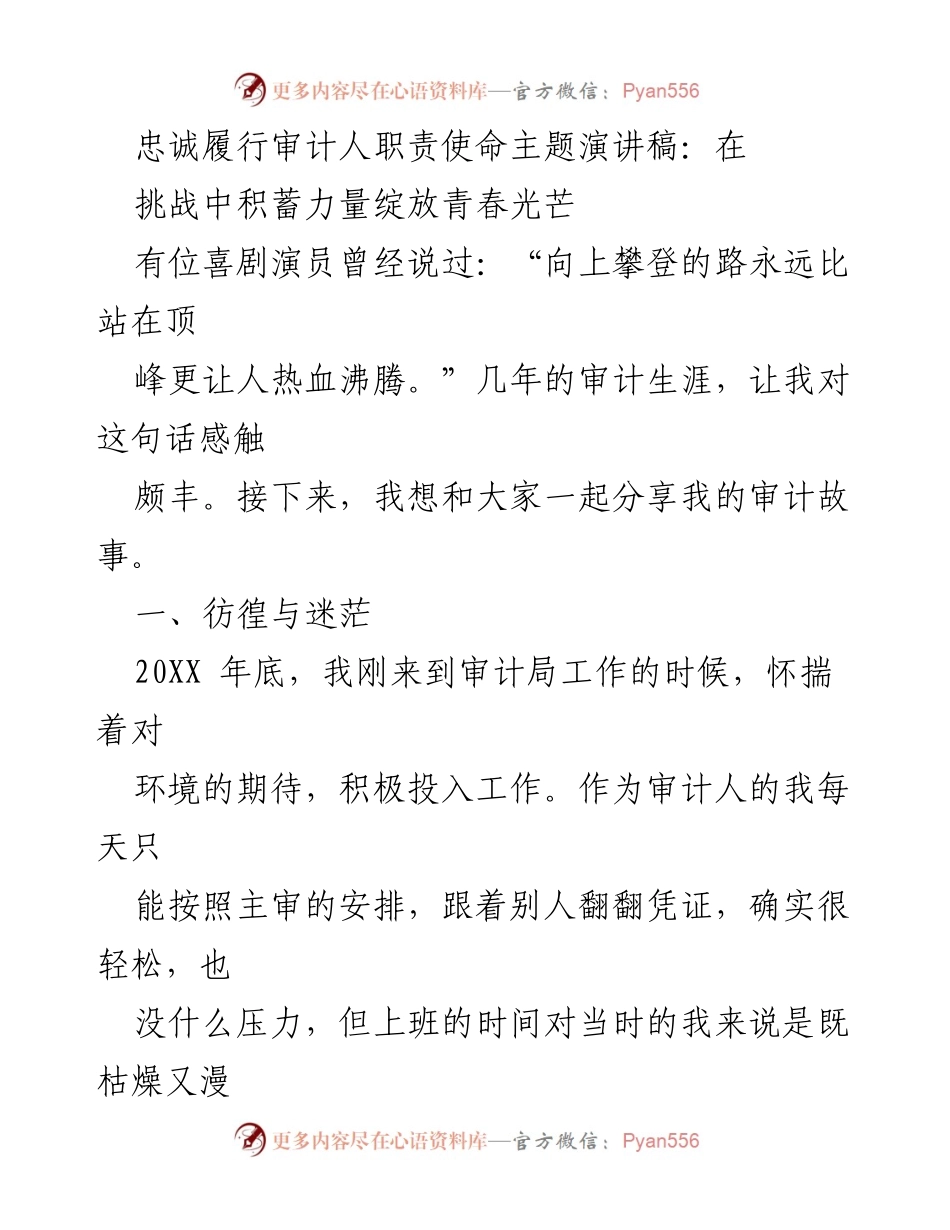 [发言] 审计局主题演讲 - 挑战与成长：审计生涯中的青春力量.docx_第1页