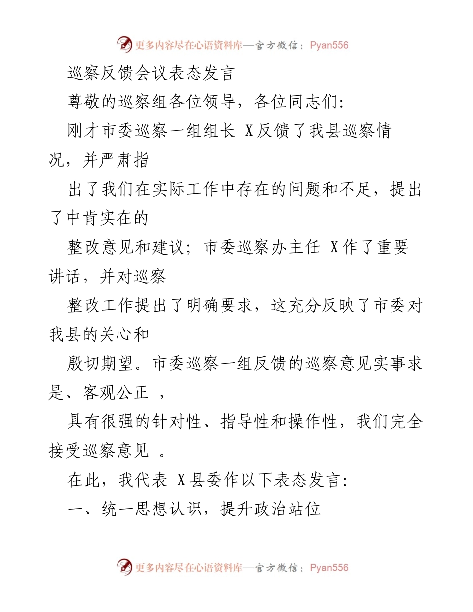 [发言] 巡察反馈会议 - 认真落实巡察反馈意见，强化整改措施.docx_第1页