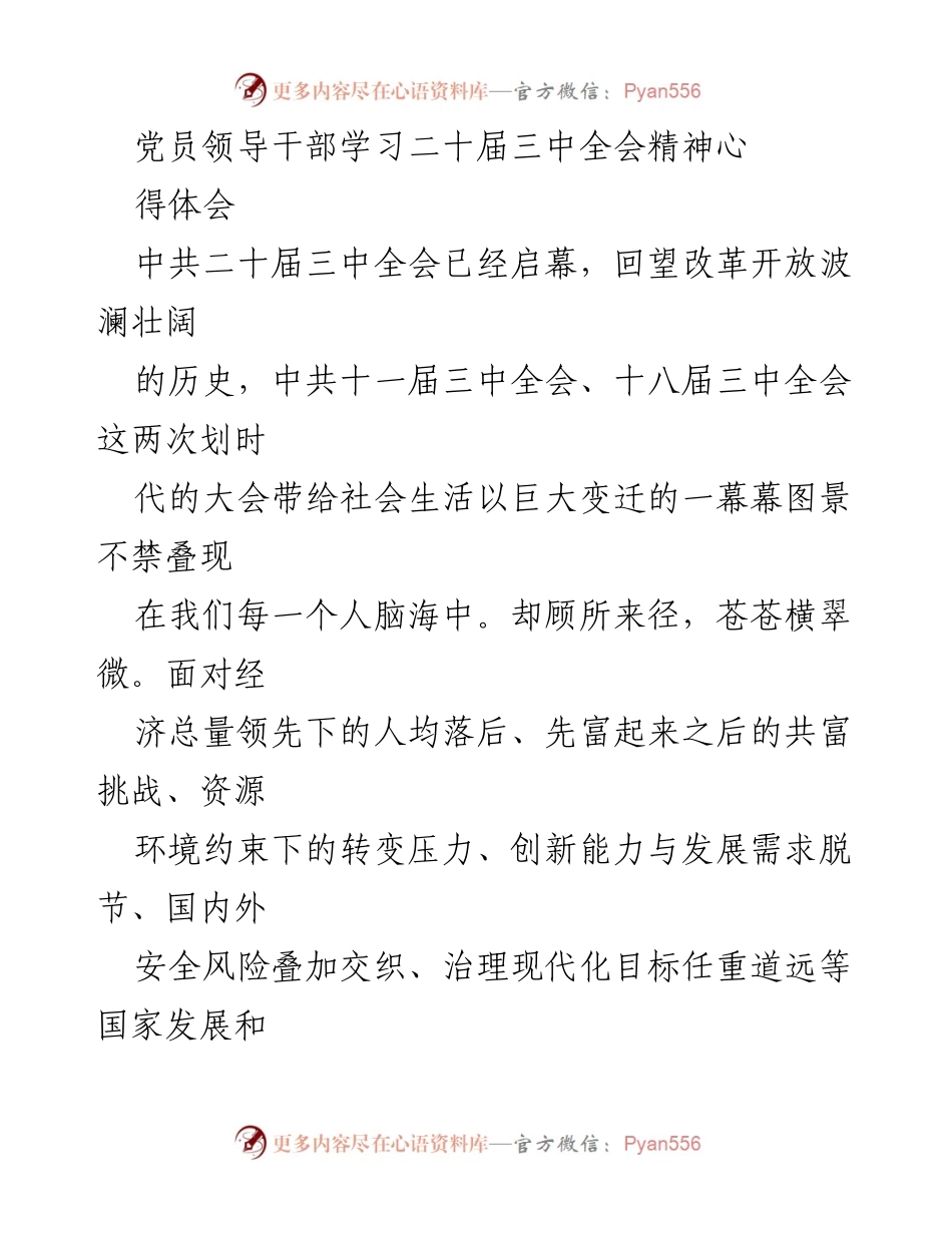 [发言] 学习会议 - 党员领导干部学习二十届三中全会精神心得体会.docx_第1页