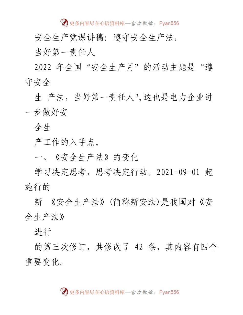 [发言] 安全生产党课 - 遵守安全生产法，做合格的第一责任人.docx_第1页