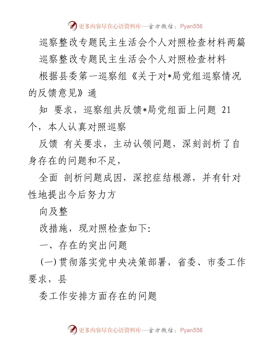 [发言] 巡察整改专题民主生活会 - 巡察反馈问题自查与整改措施分析.docx_第1页