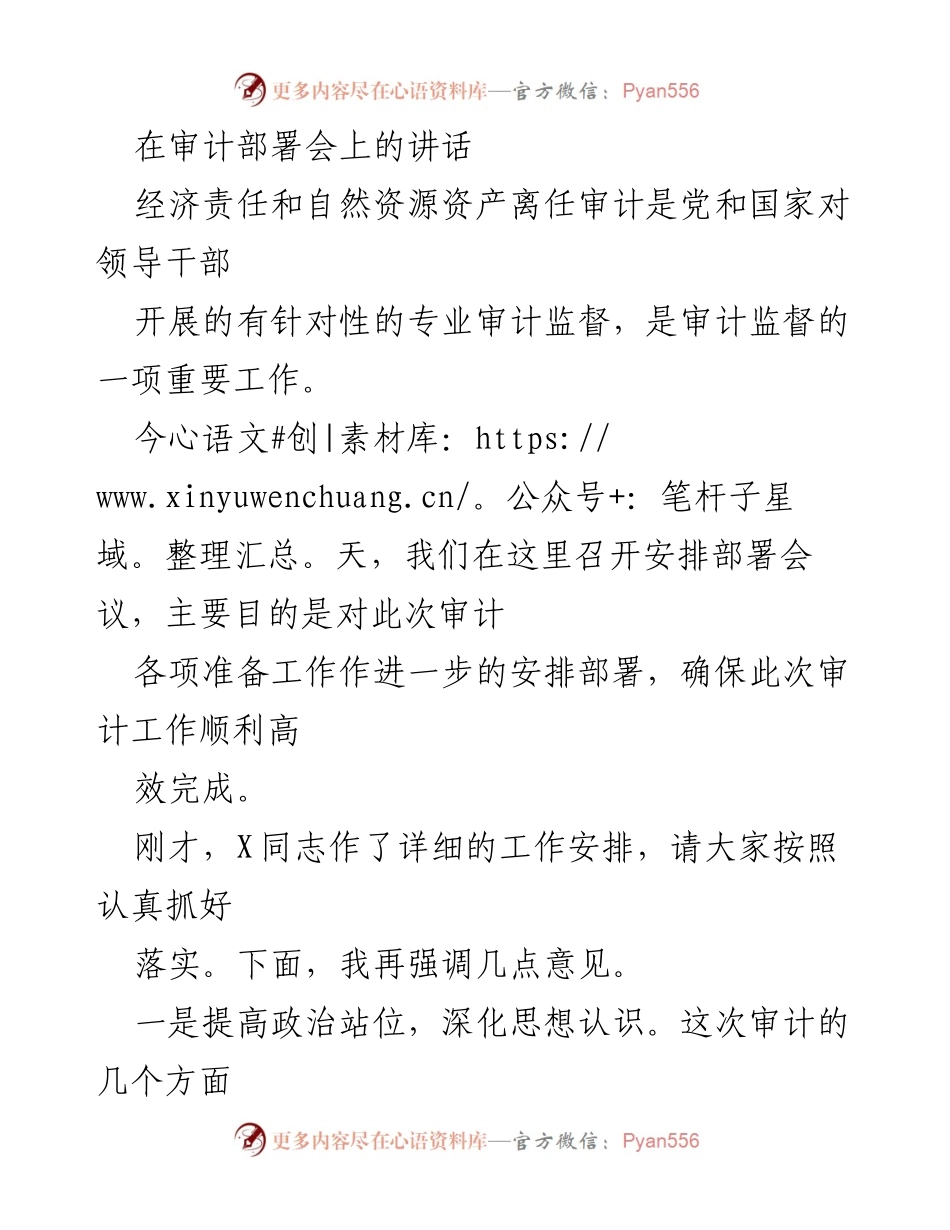 [发言] 审计部署会 - 强调审计工作的重要性与组织协调.docx_第1页