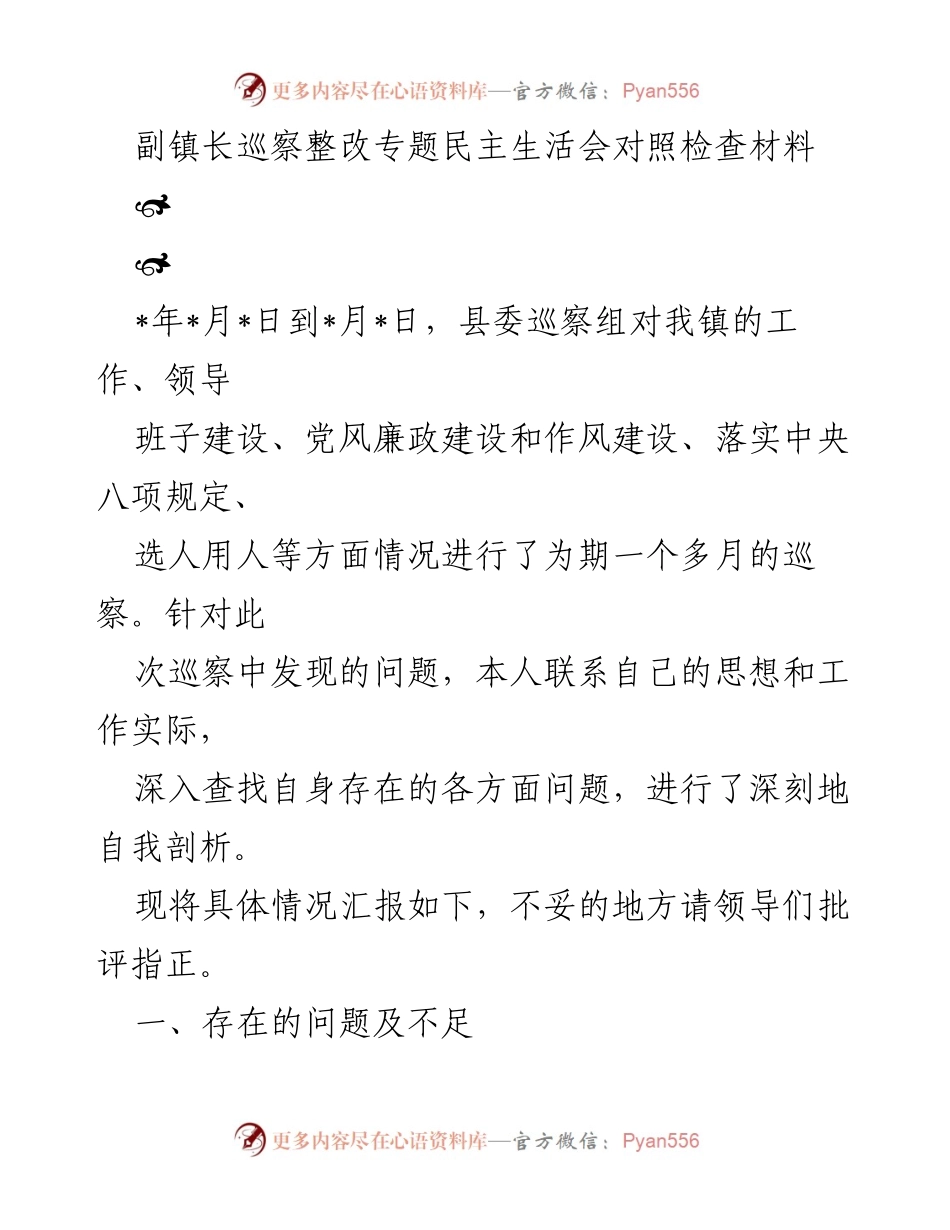 [发言] 巡察整改专题民主生活会 - 副镇长巡察整改自查与反思报告.docx_第1页