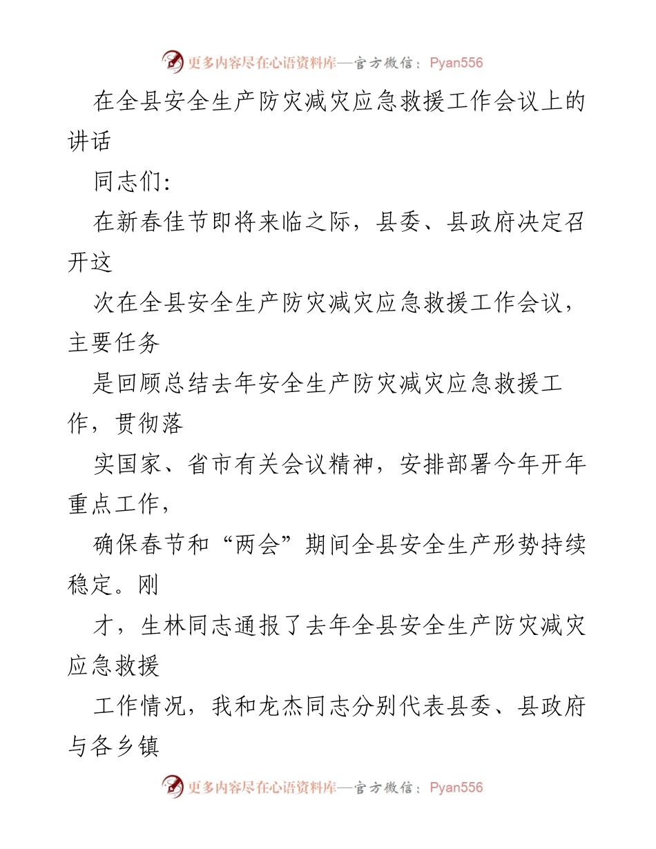 [发言] 安全生产防灾减灾应急救援工作会议 - 强化安全意识，确保春节及“两会”期间安全稳定.docx_第1页