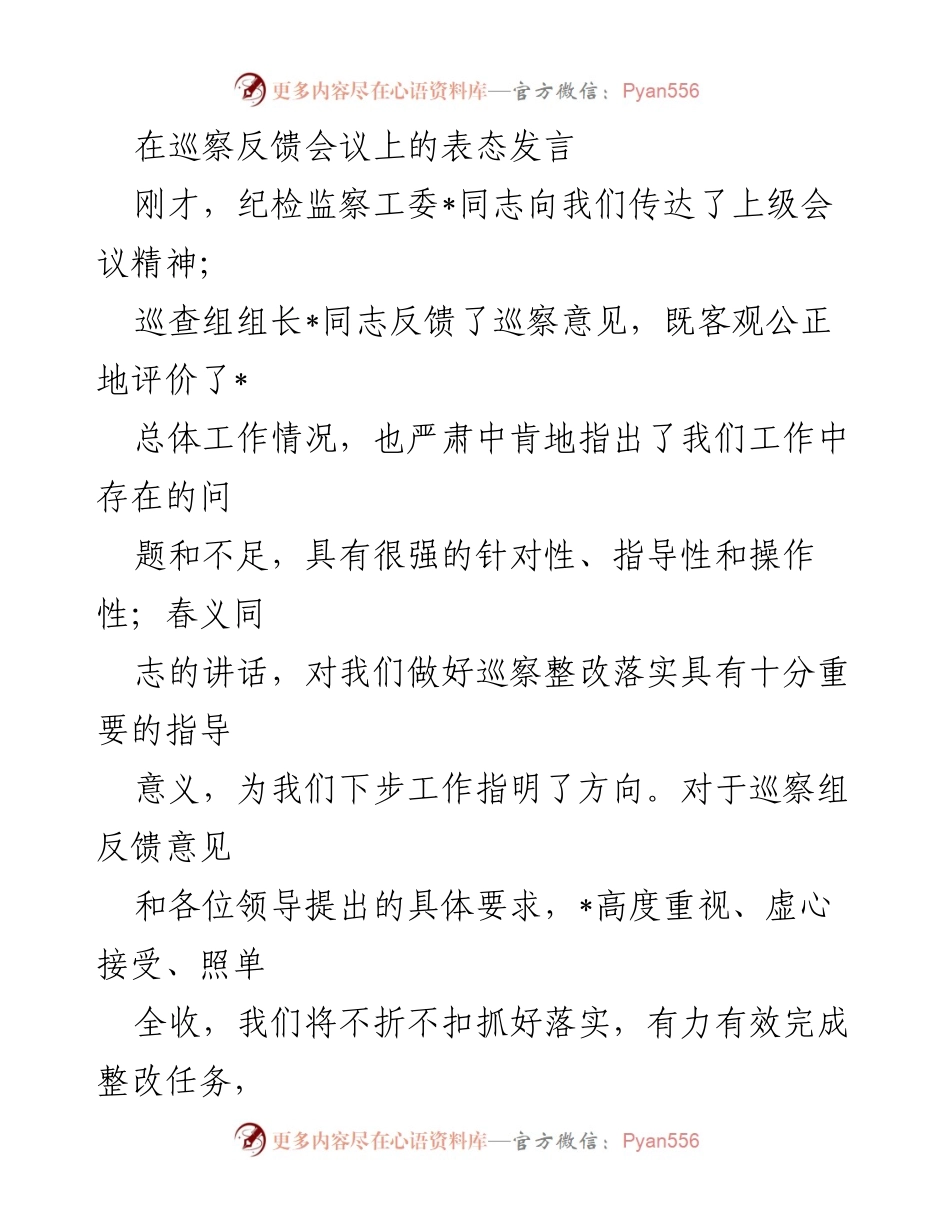[发言] 巡察反馈会议 - 坚决落实巡察整改，推动工作再上新台阶_1.docx_第1页