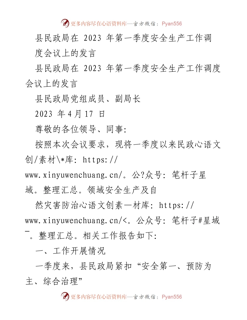 [发言] 安全生产工作调度会议 - 县民政局2023年第一季度安全生产工作总结发言.docx_第1页