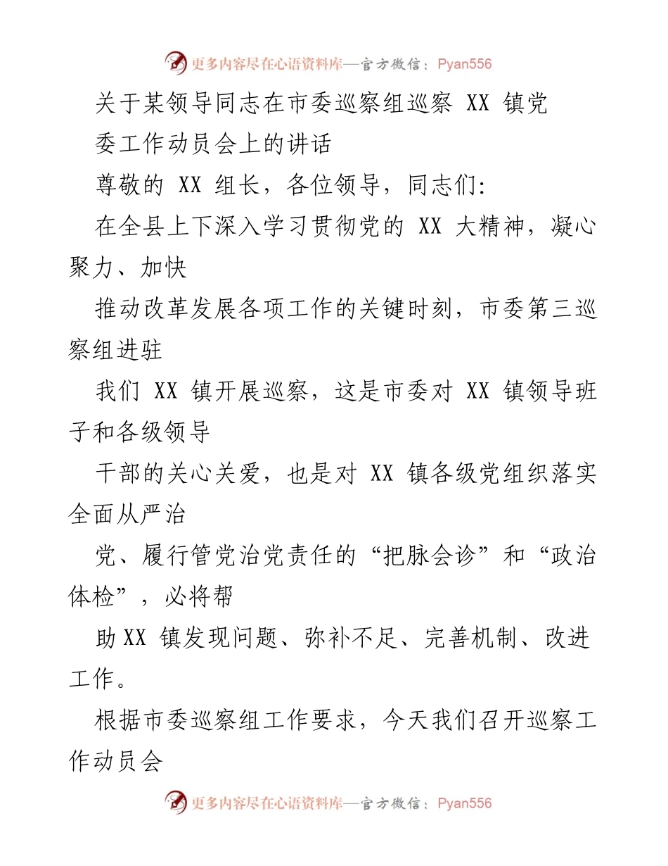[发言] 巡察工作动员会 - 加强政治站位，支持市委巡察工作_1.docx_第1页
