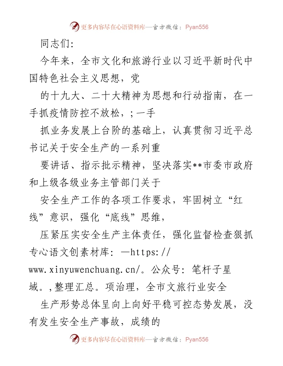 [发言] 安全生产工作会议 - 全市文化和旅游行业安全生产工作总结与展望.docx_第1页