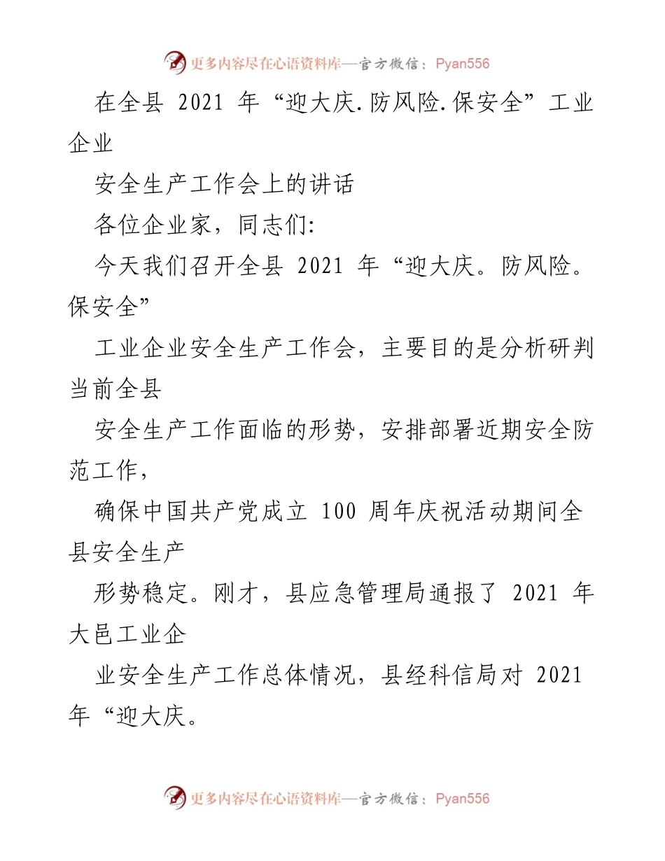 [发言] 安全生产工作会议 - 确保安全生产，迎接百年庆典.docx_第1页