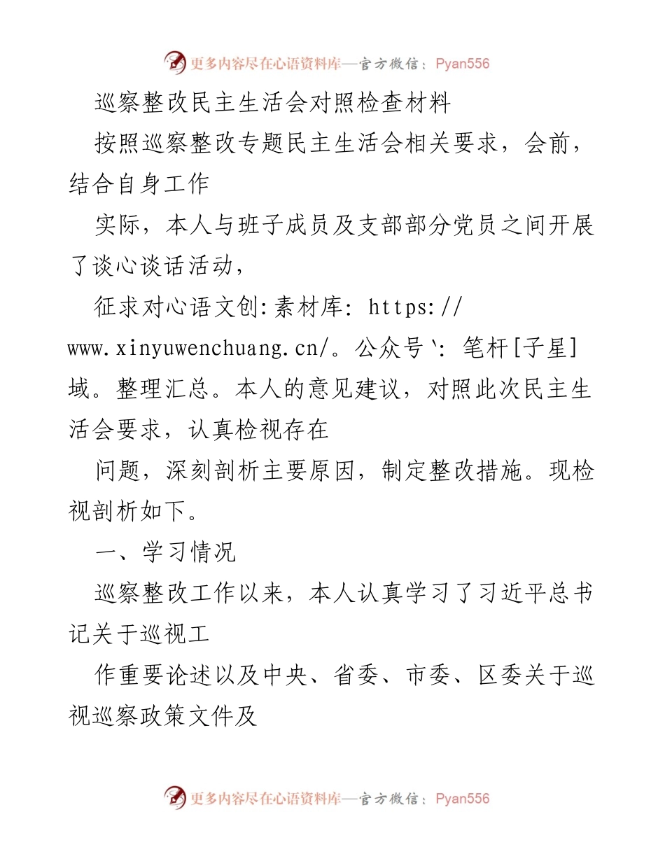 [发言] 巡察整改专题民主生活会 - 巡察整改中的自我检视与整改措施分析.docx_第1页