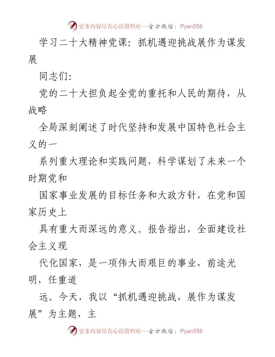 [发言] 学习二十大精神党课 - 抓机遇迎挑战，展作为谋发展.docx_第1页