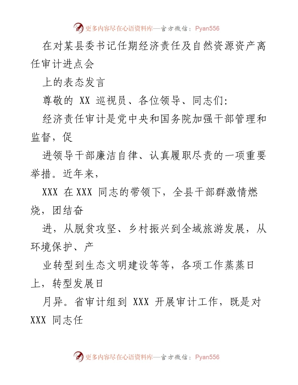 [发言] 审计进点会 - 加强经济责任审计，促进干部廉洁自律与科学发展.docx_第1页