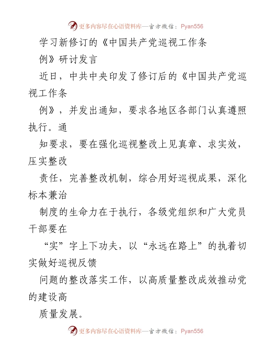 [发言] 学习研讨 - 深化巡视整改落实，推动党的建设高质量发展.docx_第1页