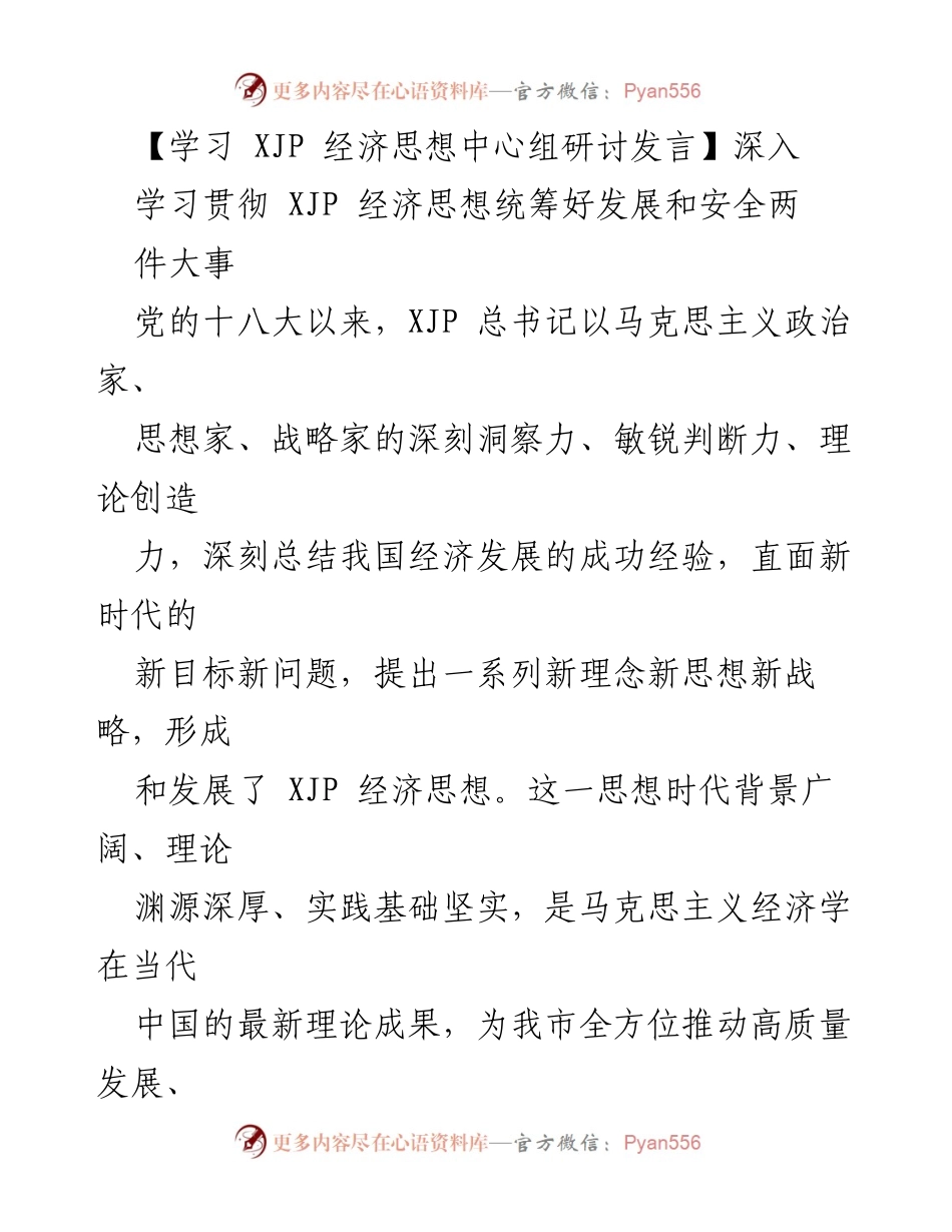 [发言] 学习研讨会 - 深入学习贯彻XJP经济思想：统筹发展与安全的双重保障.docx_第1页