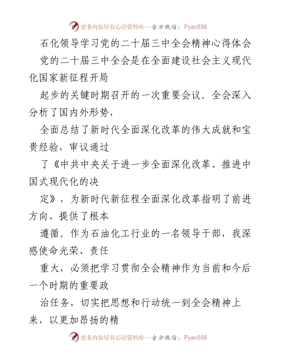[发言] 学习交流 - 深入学习贯彻党的二十届三中全会精神，推动石化行业高质量发展.docx_第1页