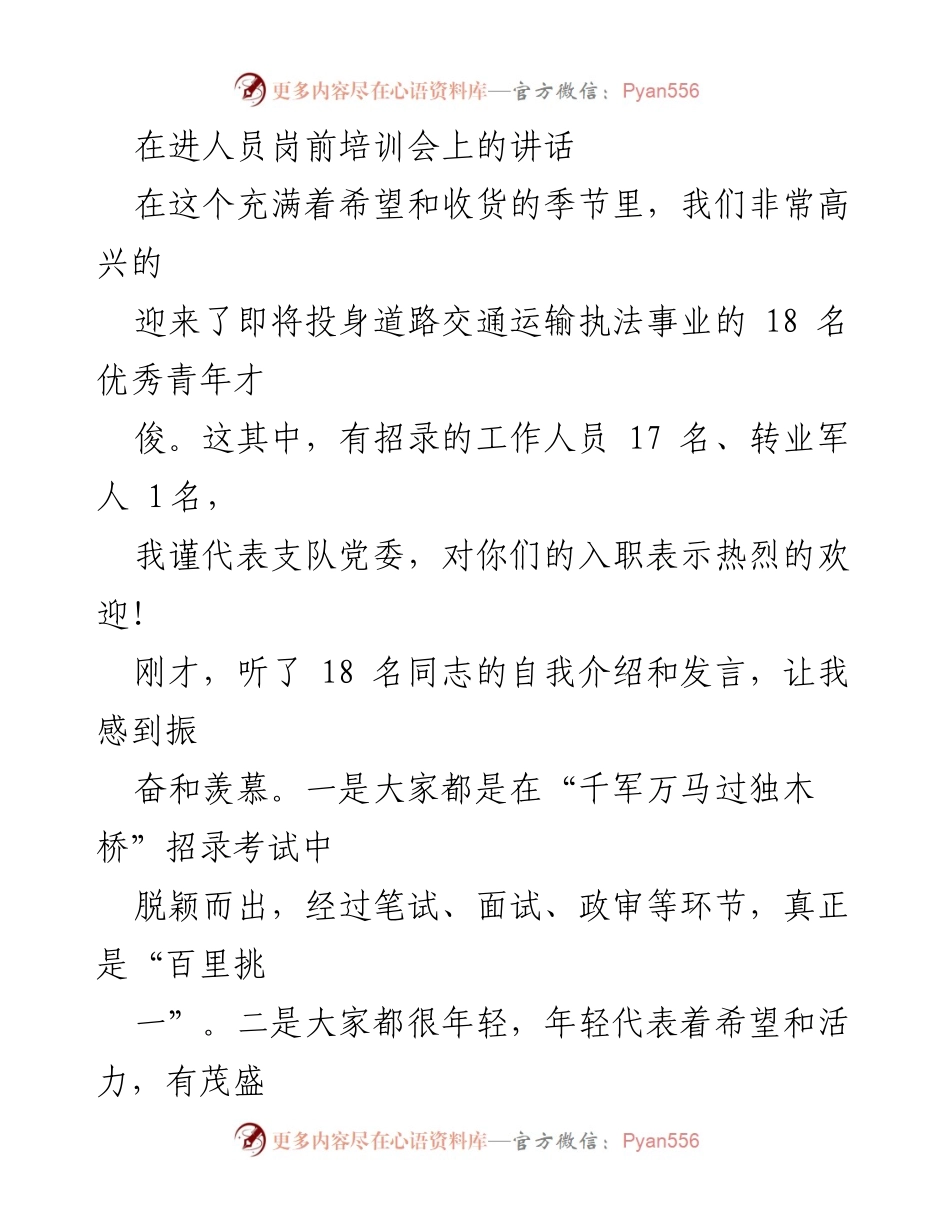[发言] 岗前培训会 - 牢记使命，扬帆起航：激励新入职青年执法人员的讲话.docx_第1页