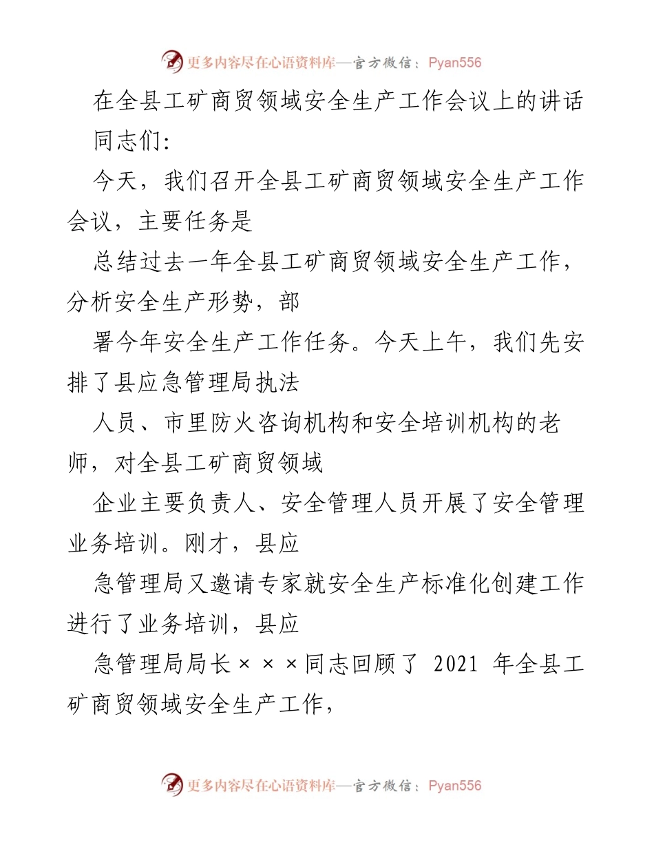 [发言] 安全生产工作会议 - 强化安全意识，确保工矿商贸领域安全生产_1.docx_第1页