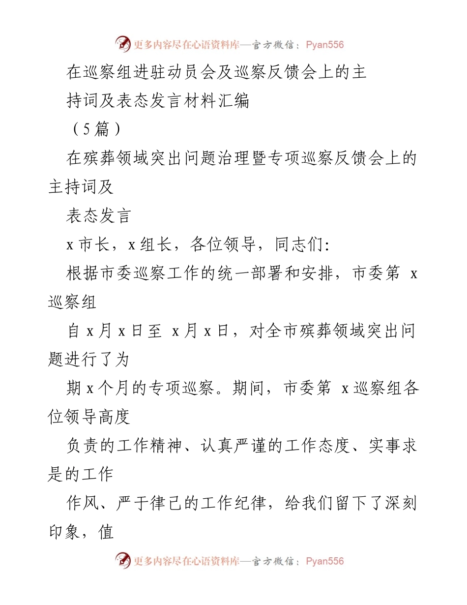 [发言] 巡察反馈会 - 殡葬领域专项巡察反馈会主持词及表态发言.docx_第1页