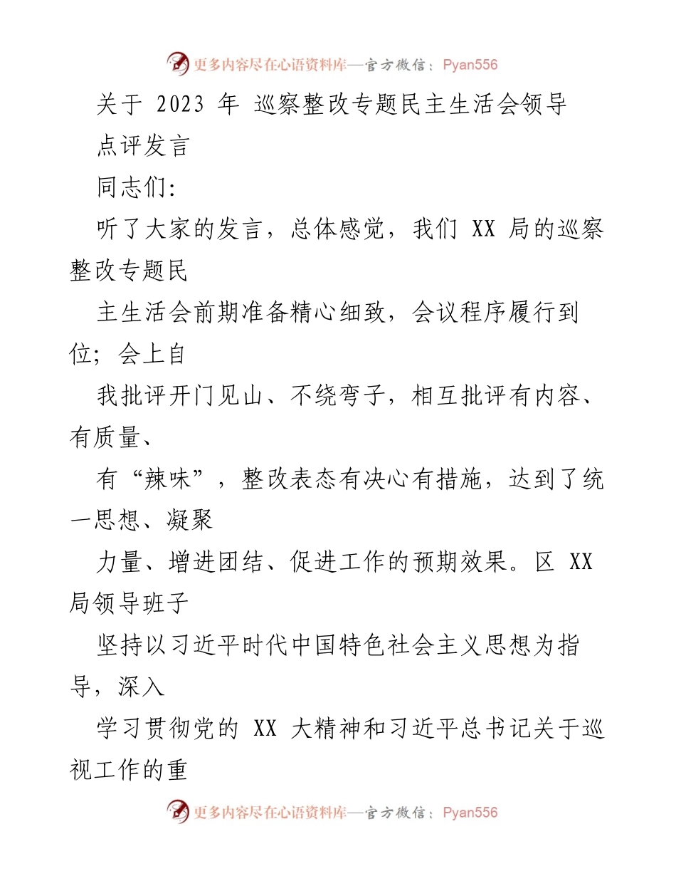 [发言] 巡察整改专题民主生活会 - 加强巡察整改落实，提升政治站位与履职能力.docx_第1页