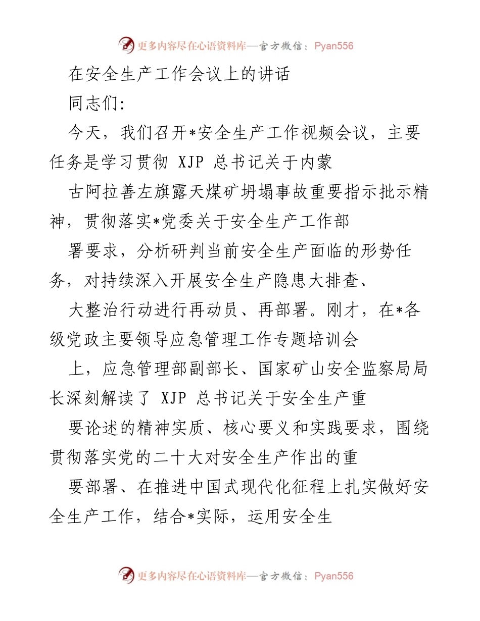[发言] 安全生产工作会议 - 加强安全生产意识，落实责任，防范风险.docx_第1页