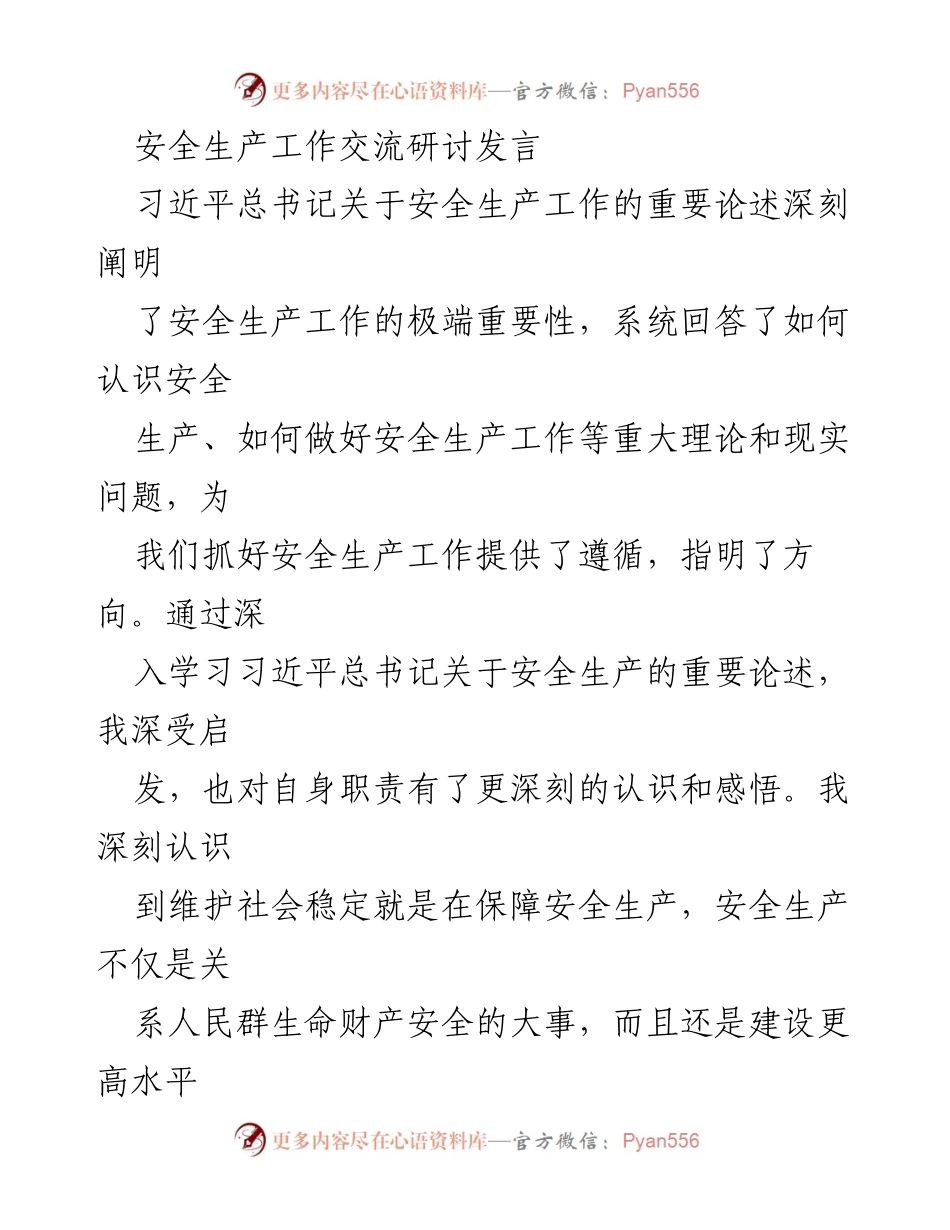 [发言] 安全生产工作交流研讨 - 深入学习习近平总书记关于安全生产的重要论述，推动制度化与打击违法行为保障人民安全.docx_第1页