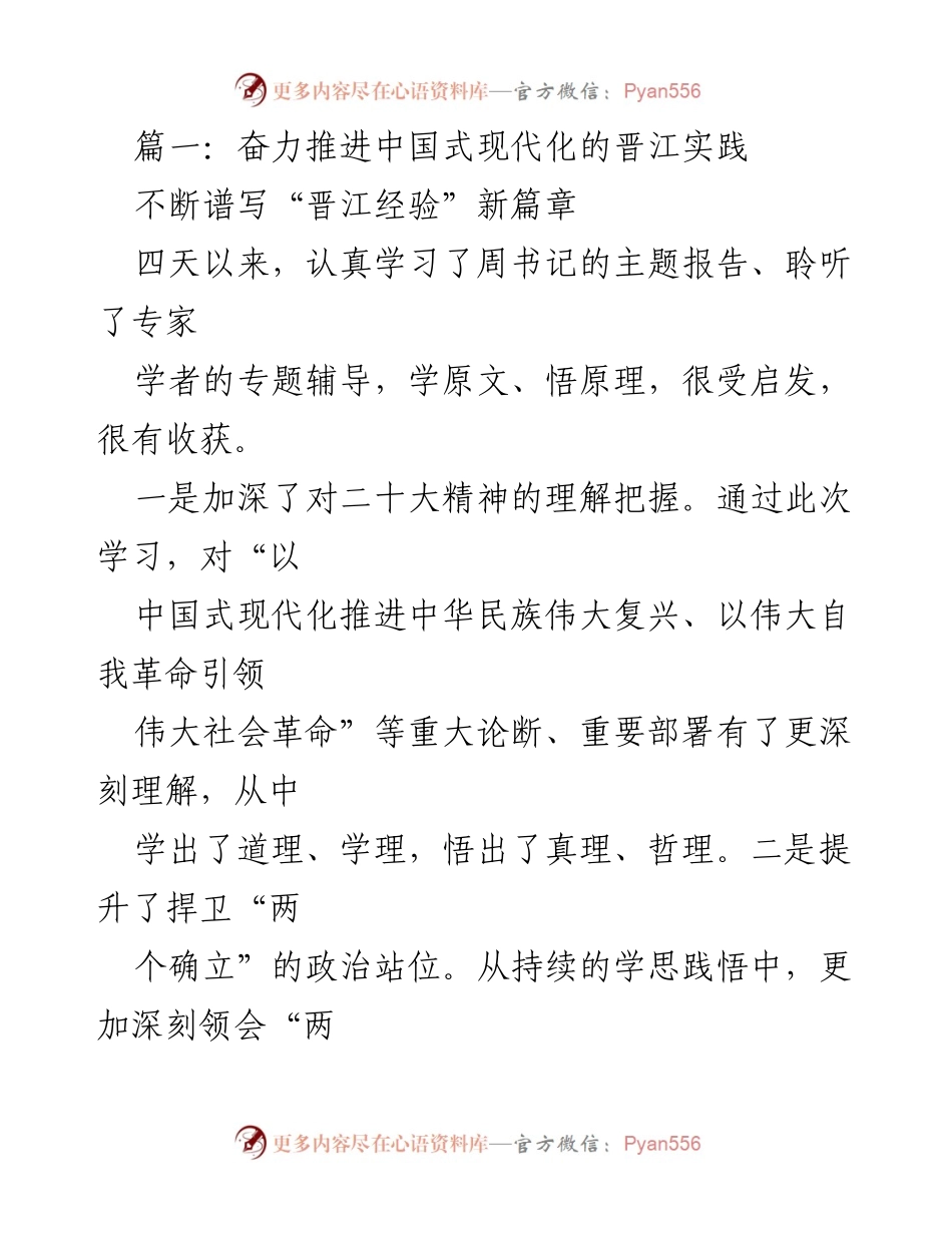 [发言] 学习研讨会 - 奋力推进中国式现代化的晋江实践与“晋江经验”新篇章.docx_第1页