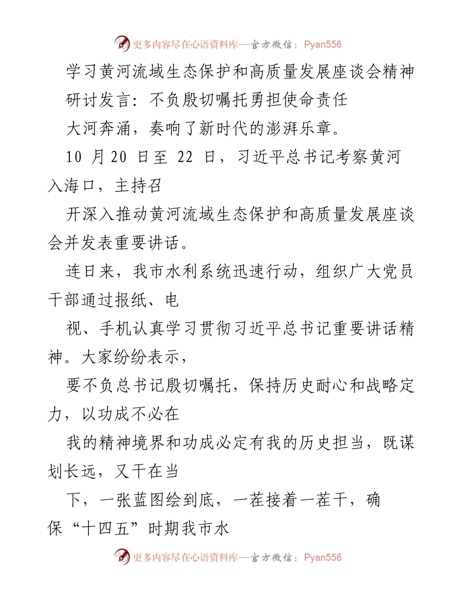 [发言] 学习黄河流域生态保护和高质量发展座谈会精神 - 不负嘱托，勇担使命：黄河流域生态保护与高质量发展的行动指南.docx_第1页