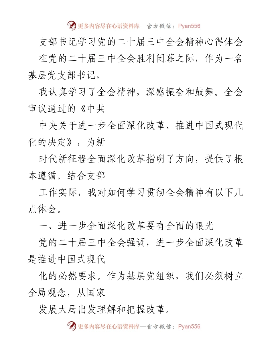 [发言] 学习会议 - 基层党支部书记学习贯彻党的二十届三中全会精神体会.docx_第1页