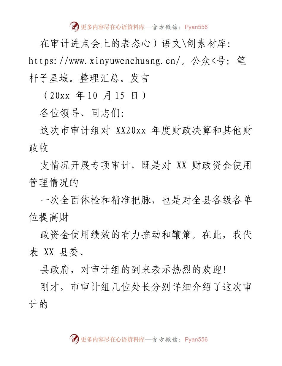 [发言] 审计进点会 - 积极配合审计工作，提升财政资金使用绩效.docx_第1页
