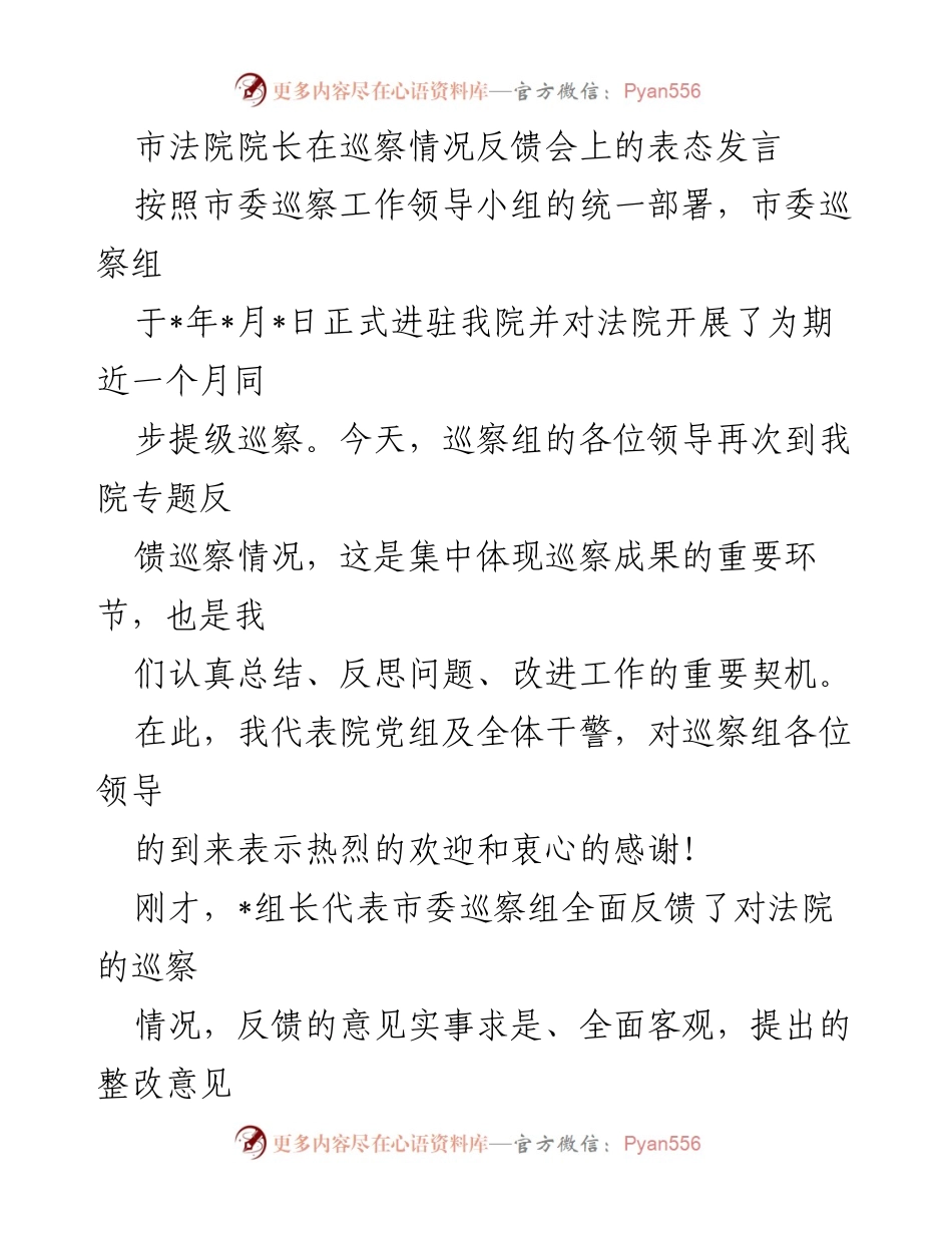 [发言] 巡察情况反馈会 - 市法院院长表态发言：坚决整改巡察反馈问题.docx_第1页