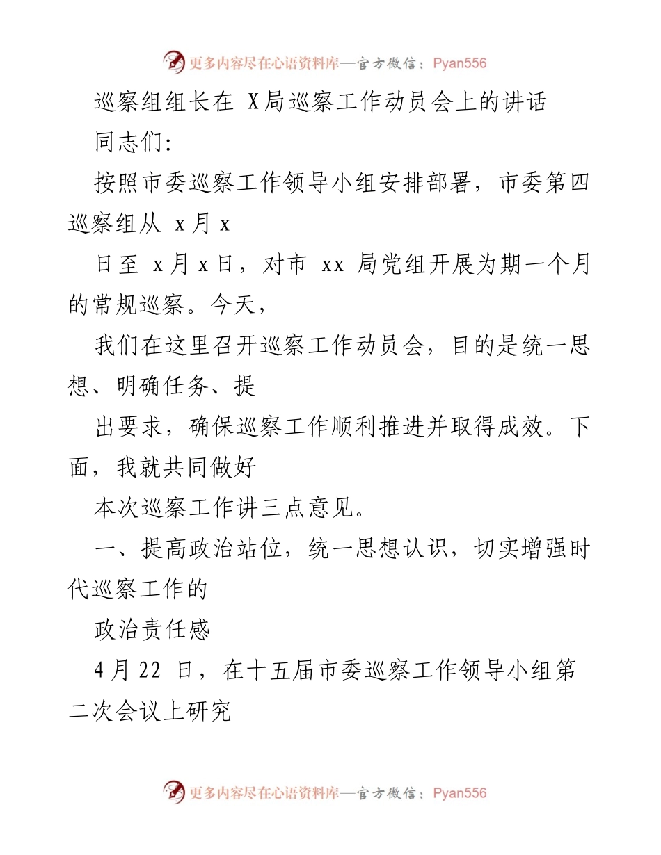 [发言] 巡察工作动员会 - 巡察组组长在市局巡察工作动员会上的讲话.docx_第1页