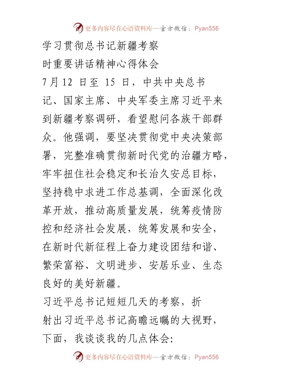 [发言] 学习研讨会 - 学习贯彻习近平总书记新疆考察讲话精神的心得体会.docx_第1页