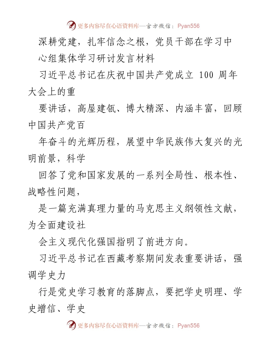 [发言] 学习研讨 - 深耕党建，扎牢信念之根，推动高质量发展.docx_第1页