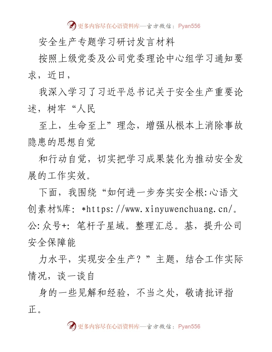 [发言] 安全生产专题学习研讨 - 强化安全制度与防灾治灾，提升矿井安全保障能力.docx_第1页