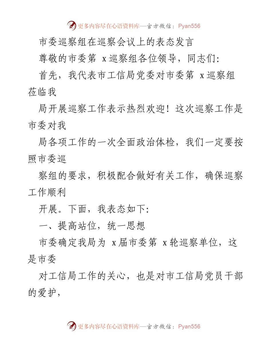 [发言] 巡察会议 - 市工信局党委表态发言：全力配合市委巡察工作.docx_第1页