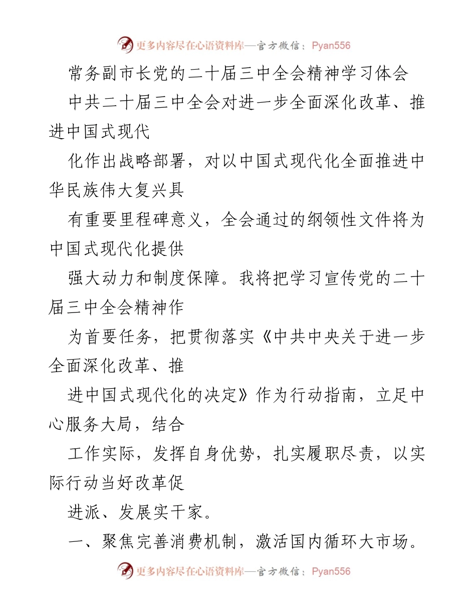 [发言] 学习会 - 常务副市长对党的二十届三中全会精神的学习与实践体会.docx_第1页