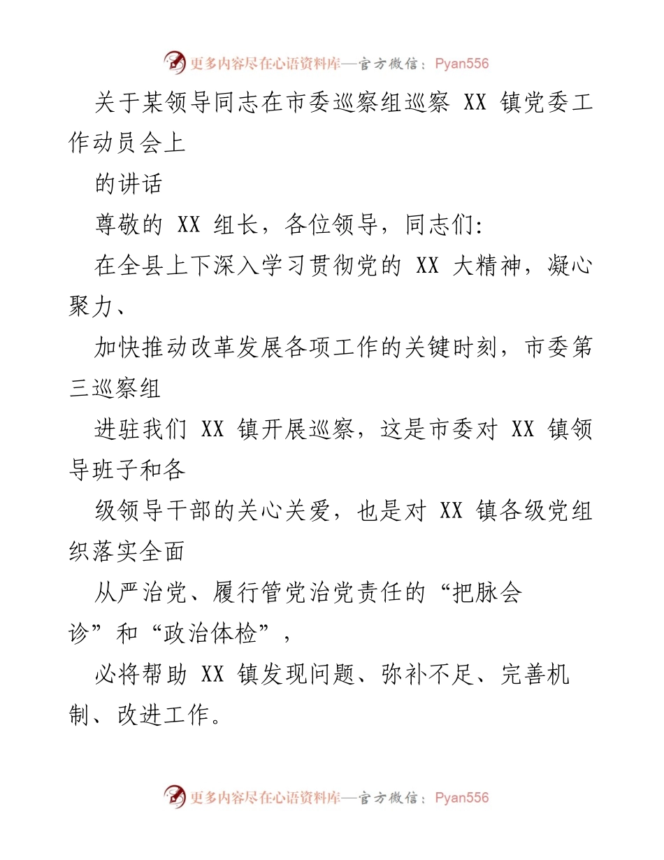 [发言] 巡察工作动员会 - 加强政治站位，支持市委巡察工作_2.docx_第1页
