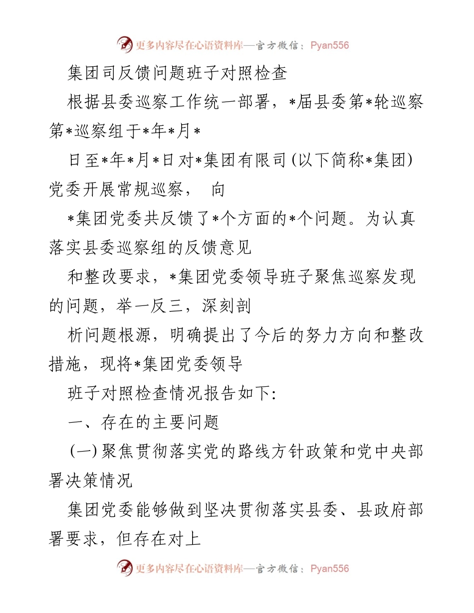 [发言] 巡察反馈会 - 集团党委对照检查及整改措施汇报.docx_第1页