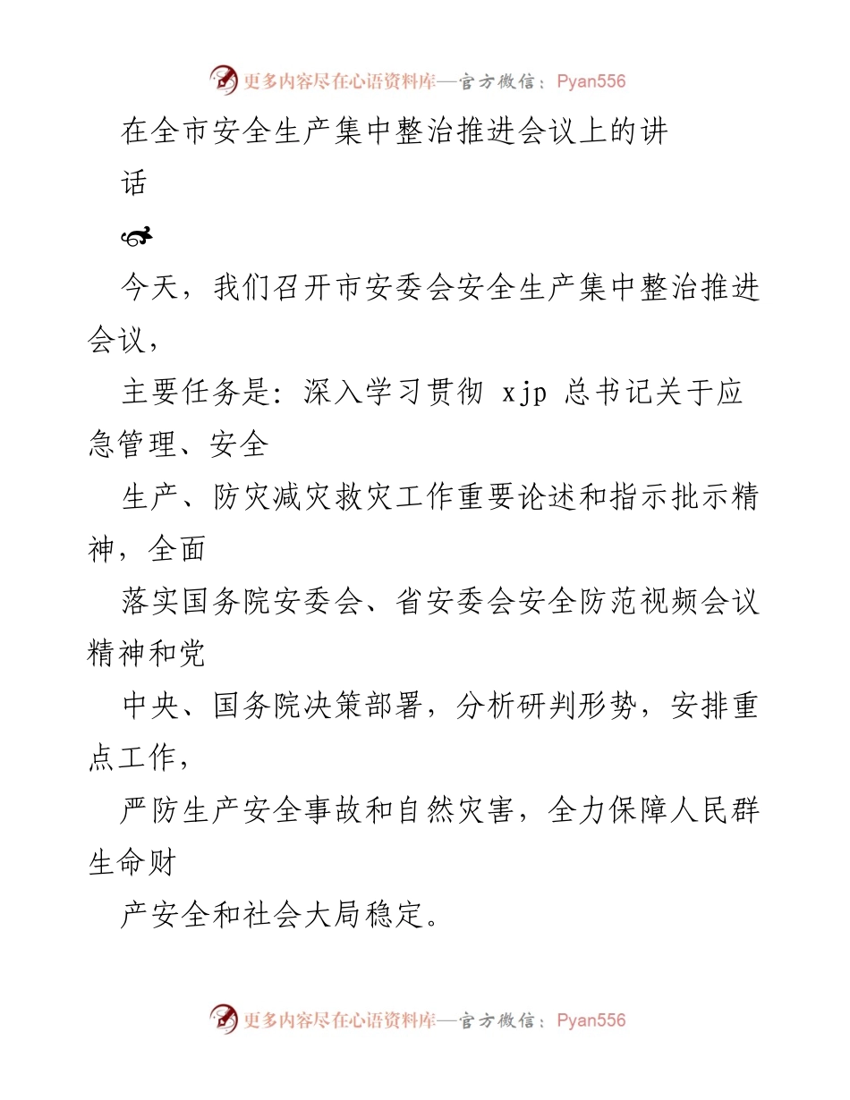 [发言] 安全生产集中整治推进会议 - 深刻认识安全生产形势，坚守安全红线.docx_第1页
