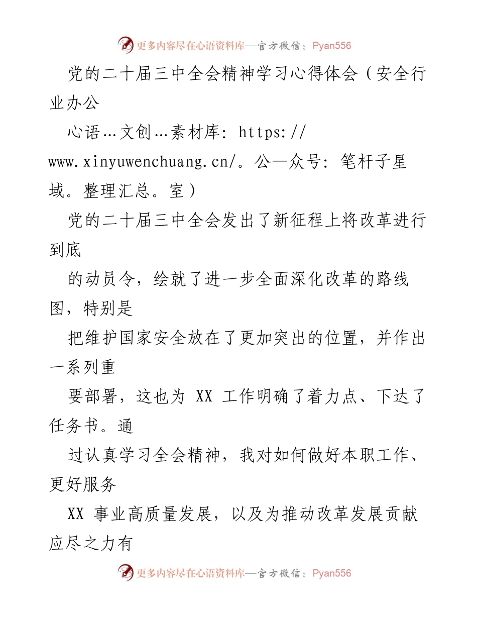 [发言] 学习交流会 - 深入学习党的二十届三中全会精神，推动国家安全与XX事业高质量发展.docx_第1页