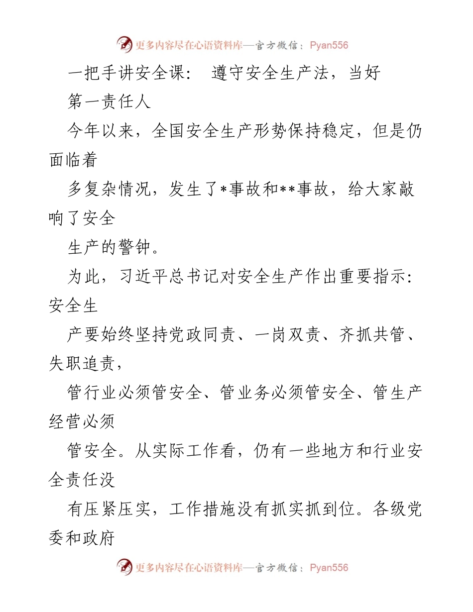 [发言] 安全生产会议 - 一把手讲安全课：坚决落实安全生产责任.docx_第1页