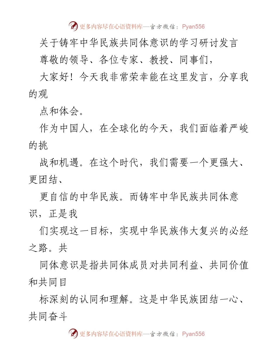[发言] 学习研讨会 - 铸牢中华民族共同体意识的重要性与实践路径_2.docx_第1页