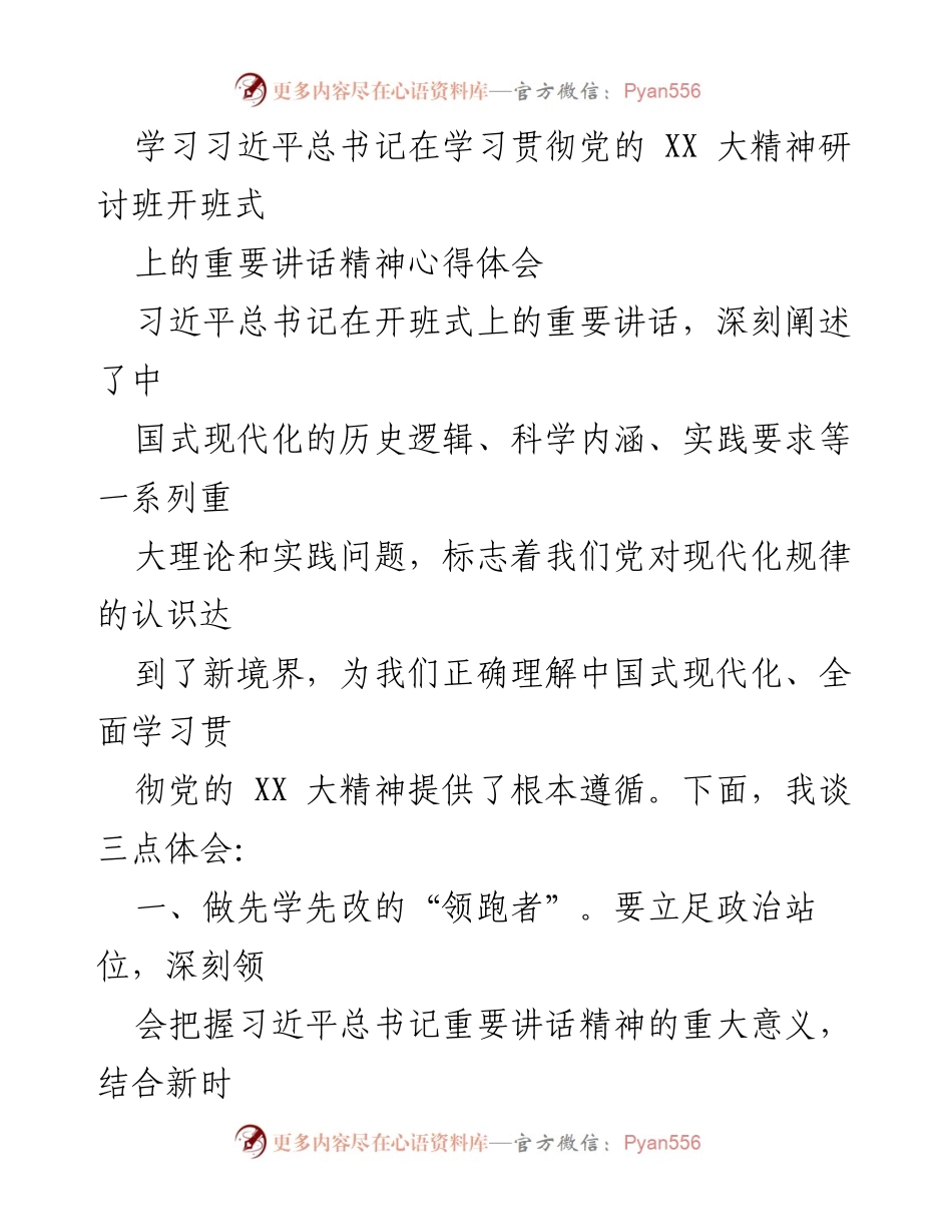 [发言] 学习贯彻党的 XX 大精神研讨班 - 深入理解习近平总书记重要讲话精神的体会与实践.docx_第1页