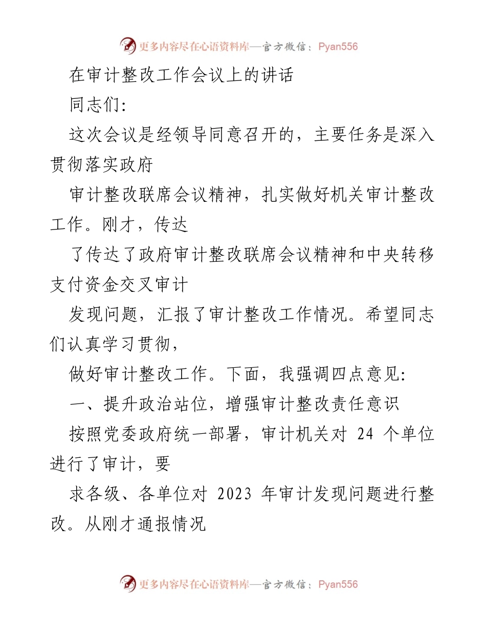 [发言] 审计整改工作会议 - 强化审计整改责任，确保整改实效.docx_第1页