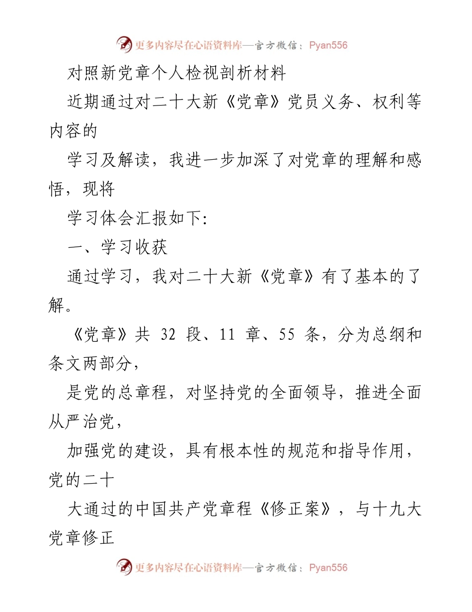 [发言] 学习交流会 - 个人对新党章的学习体会与自我检视分析.docx_第1页