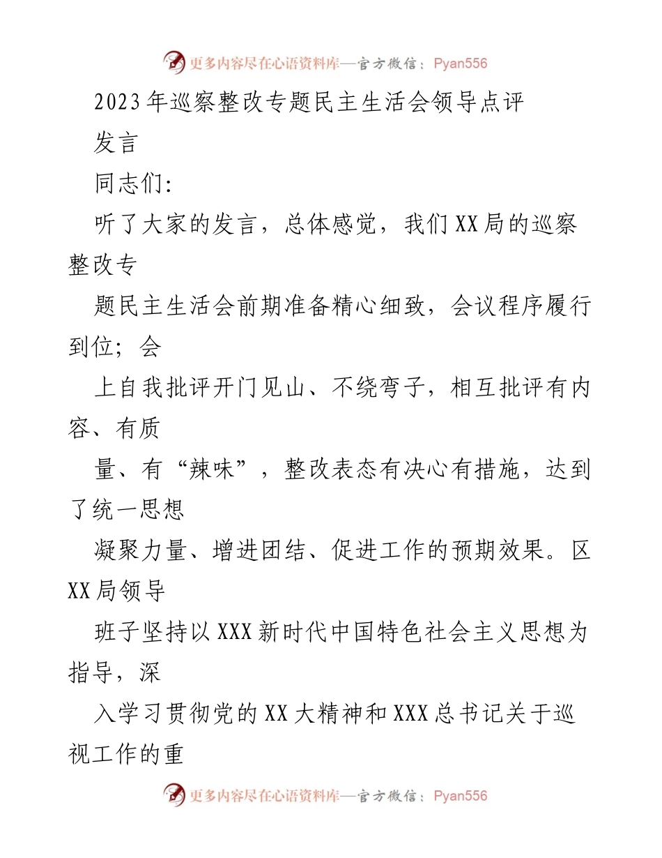 [发言] 巡察整改专题民主生活会 - 加强政治自觉与整改落实，推动巡察工作高质量发展.docx_第1页