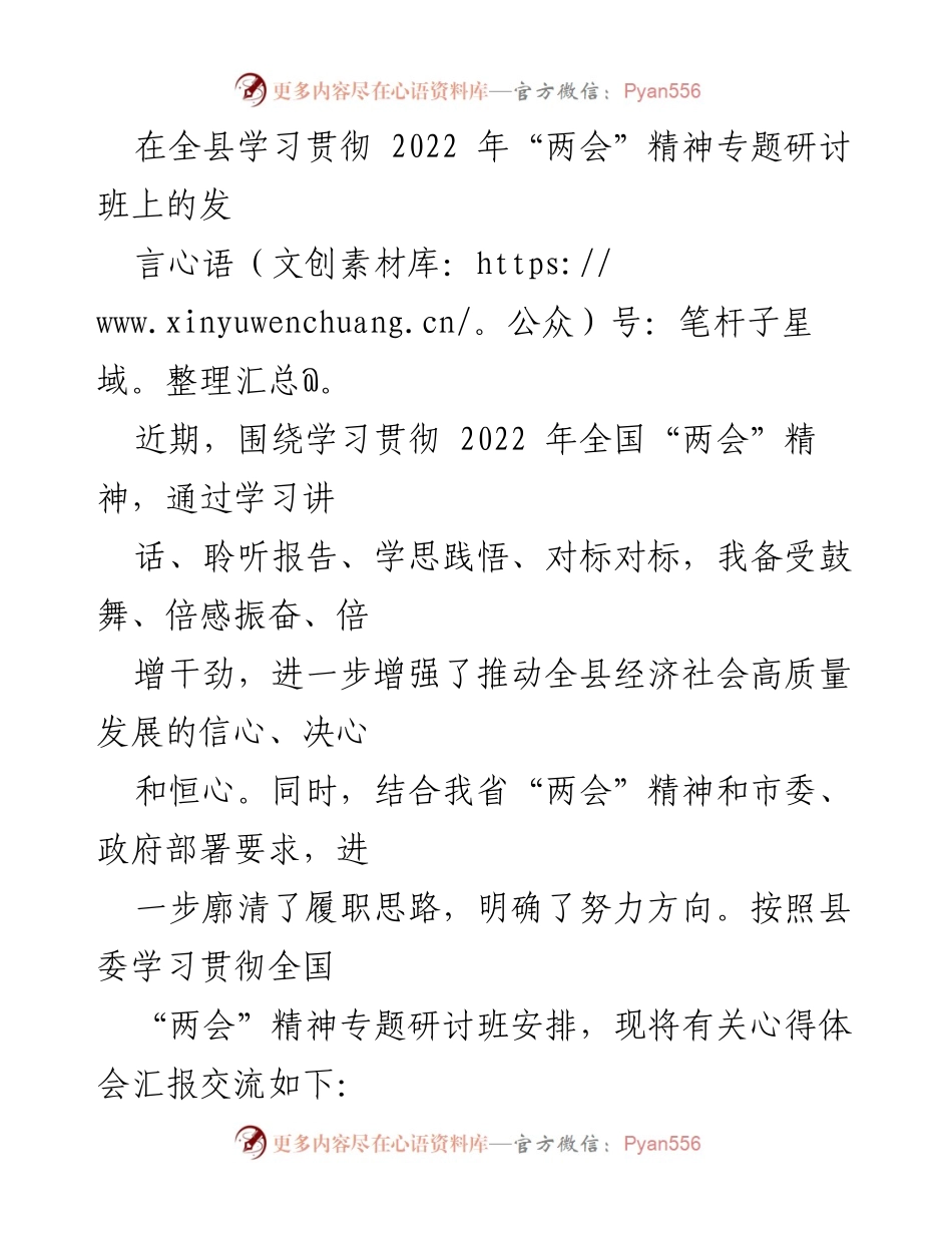 [发言] 学习贯彻“两会”精神专题研讨班 - 深入学习贯彻“两会”精神，推动高质量发展.docx_第1页